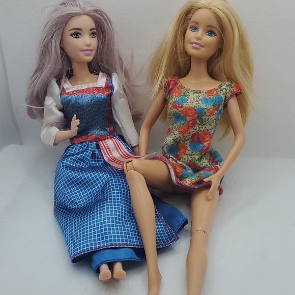 Barbie Dolls in Blue Checkered and Floral Dresses - Picture 1 of 8